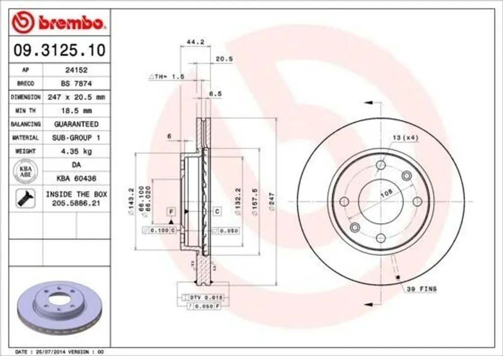 Disques de frein Brembo 09.3125.10 pour entretien Peugeot Partner