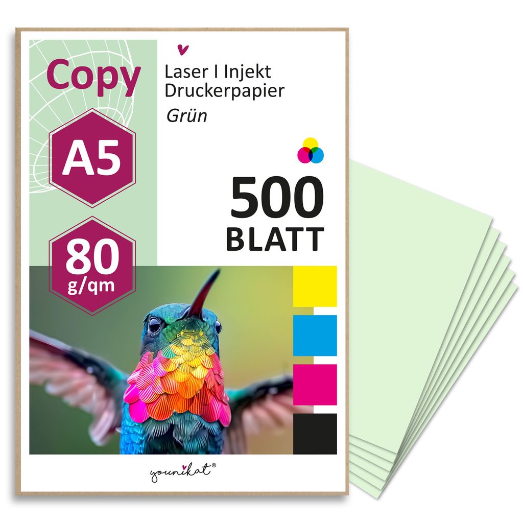 younikat 500 Blatt blanko 80 g/m² Papier in grün DIN A5 I Kopierpapier I Rezeptpapier I dv1451