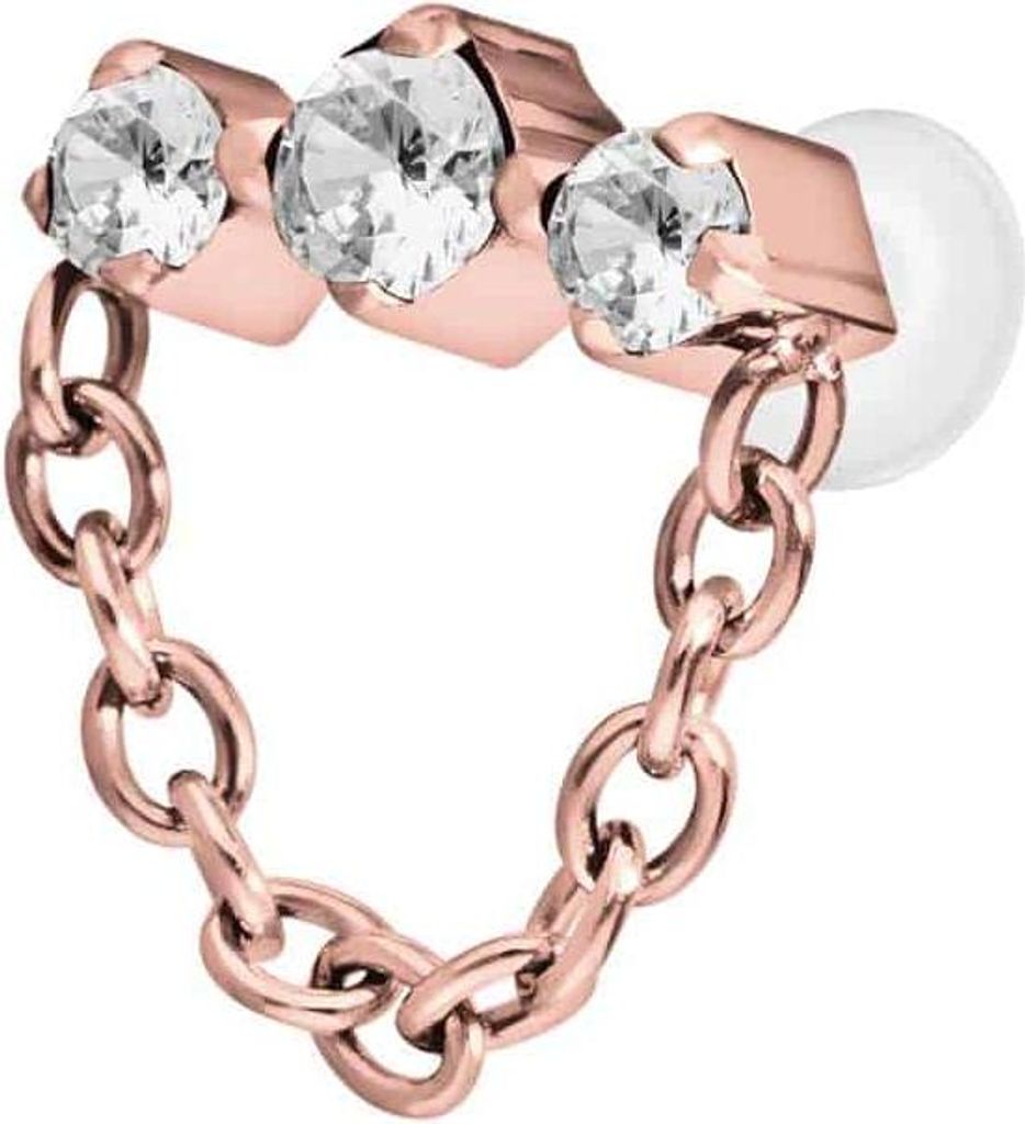 Ohrpiercing, Nasenpiercing PTFE Labret mit Innengewinde + Titan-Aufsatz 3 EINGEFASSTE KRISTALLE + KETTE RoséGold Stablänge: 8mm | Stabstärke: 1,2mm