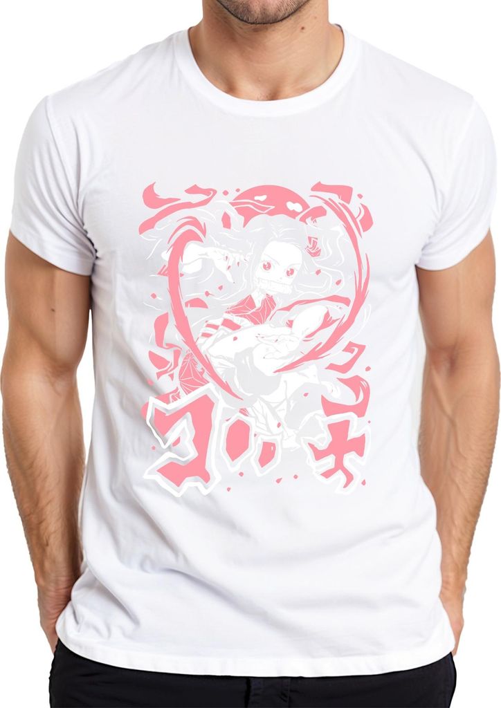 Nezuko Kimetsu no Yaiba Dämonenmädchen Bambus Kampfpose Rosa Herren T-Shirt, Weiß, XL