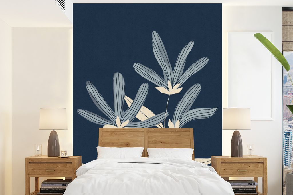 MuchoWow Fototapete für Wohnzimmer oder Schlafzimmer Wandtapete Vinyl Motivtapete Blumen - Blau - Pflanzen - Natur - 160x220 cm - Bildschirmhint...