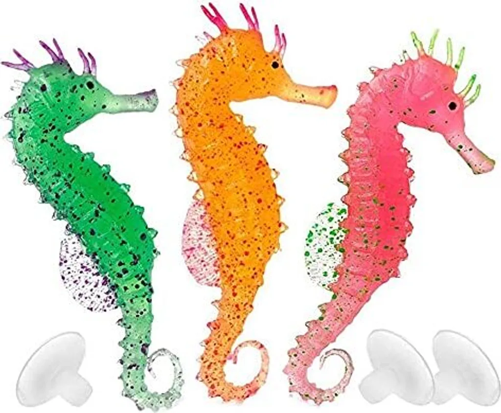 Meee Set 3 Ippocampi Artificiali per Acquario - Silicone Glow in Dark