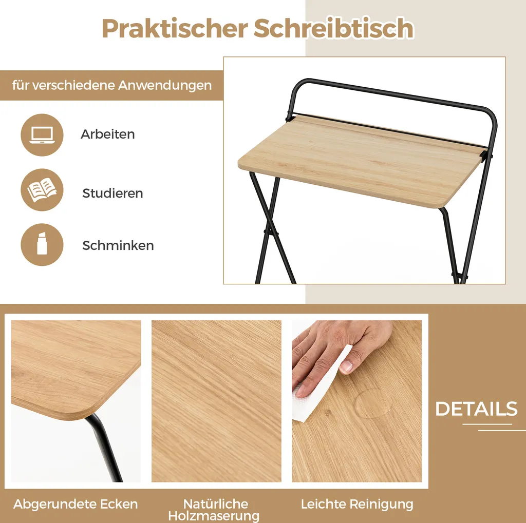 COSTWAY Table d'ordinateur pliante nature, Bureau compact avec support - 4
