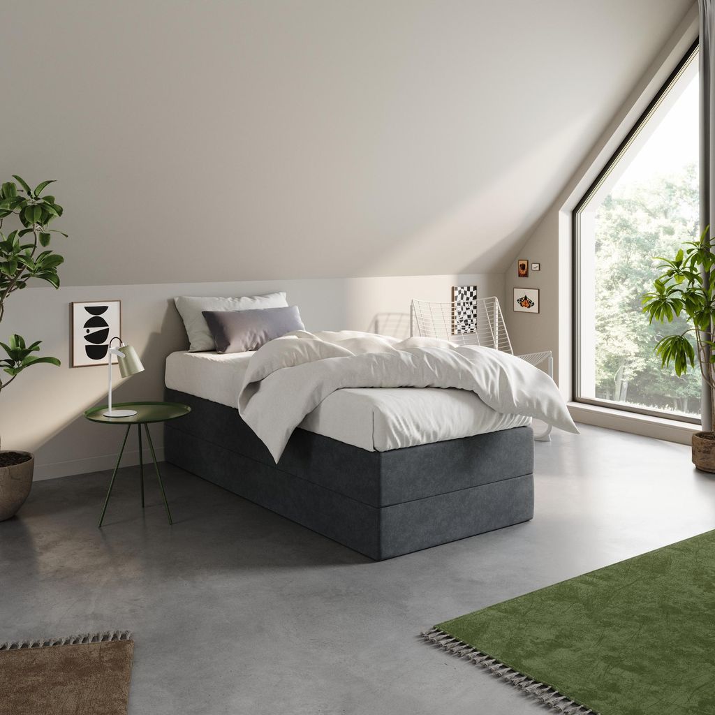 Home Collective Boxspringbett Polsterbett Bett wählbare Matratze Bonnell H2, Micro-Velours, platzsparend ohne Kopfteil | 100x200 | Anthrazit