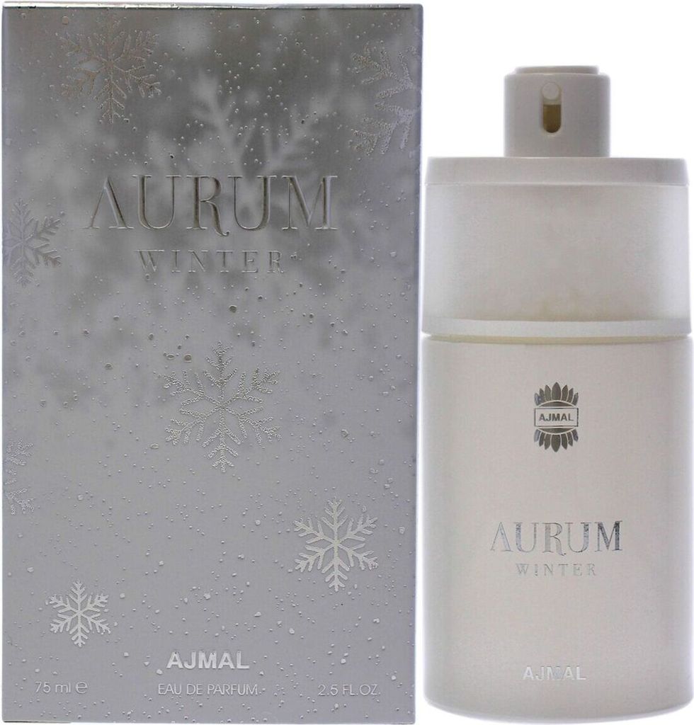 A perfume bottle and its packaging are displayed against a white background.