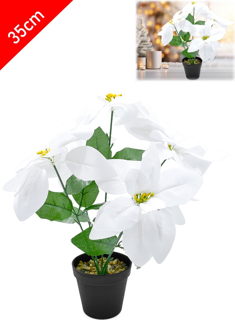 Weihnachtsstern Poinsettie künstlich im Topf Christstern täuschend echte Kunstblume Weihnachtsstern Weihnachten Deko Pflanze 35cm weiß