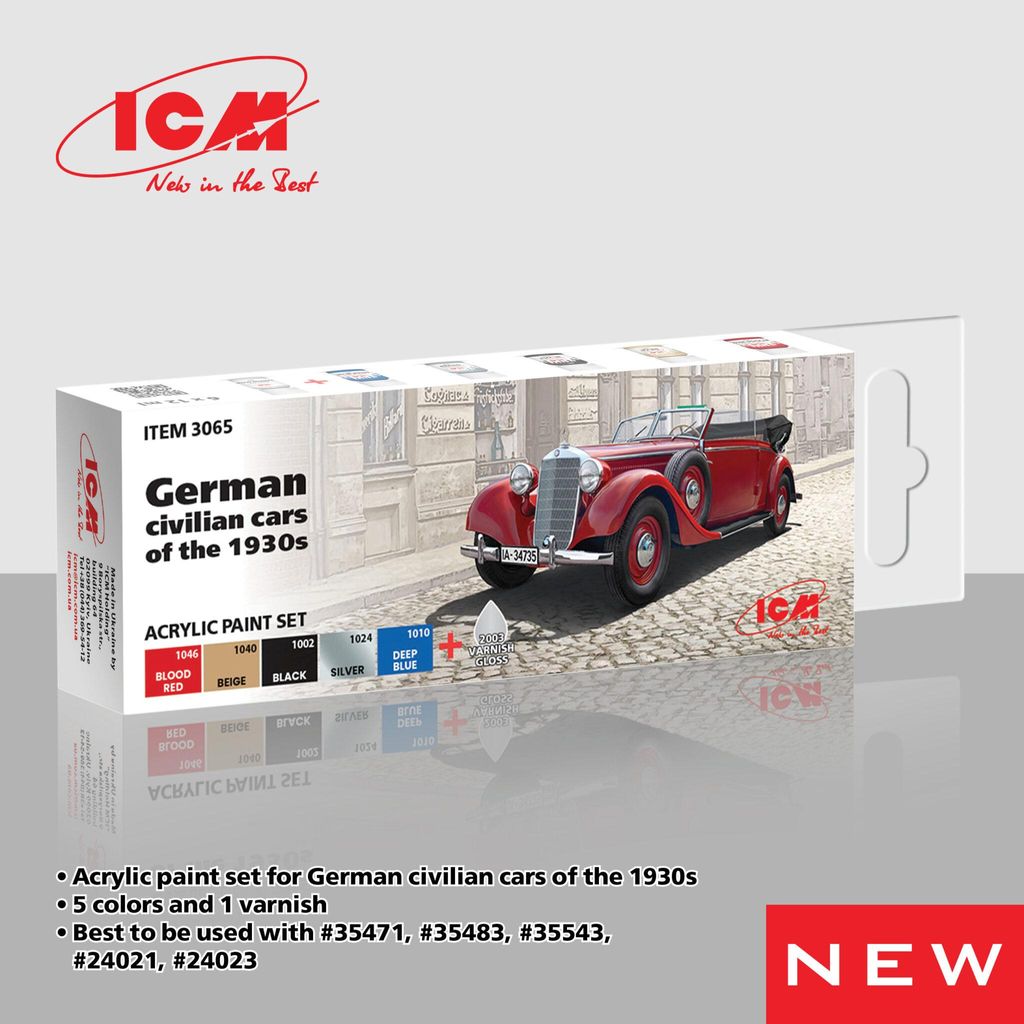 ICM 3065 – Acrylfarben-Set für deutsche Zivilfahrzeuge der 1930er Jahre, 6 x 12 ml – Neu
