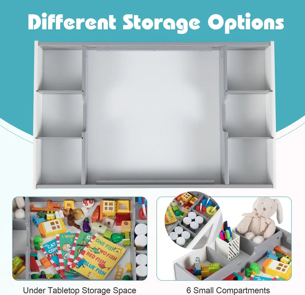 COSTWAY Table 3 en 1 Enfants avec 2 Chaises et Rangement Gris Modèle K12 - 7