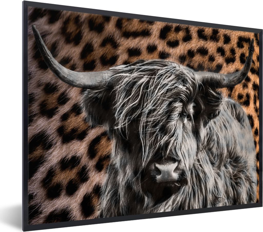 MuchoWow Gerahmtes Poster Schottischer Highlander - Panther - Schwarz - Weiß 40x30 cm - Poster mit Schwarzem Bilderrahmen Wandposter Rahmen Foto...