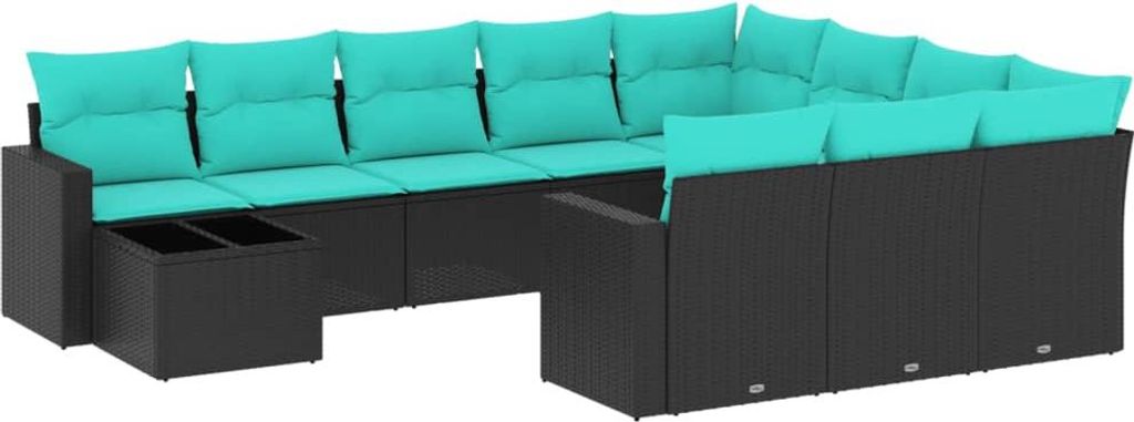 vidaXL 11-teiliges Gartensofa-Set mit Kissen, schwarzes Polyrattan