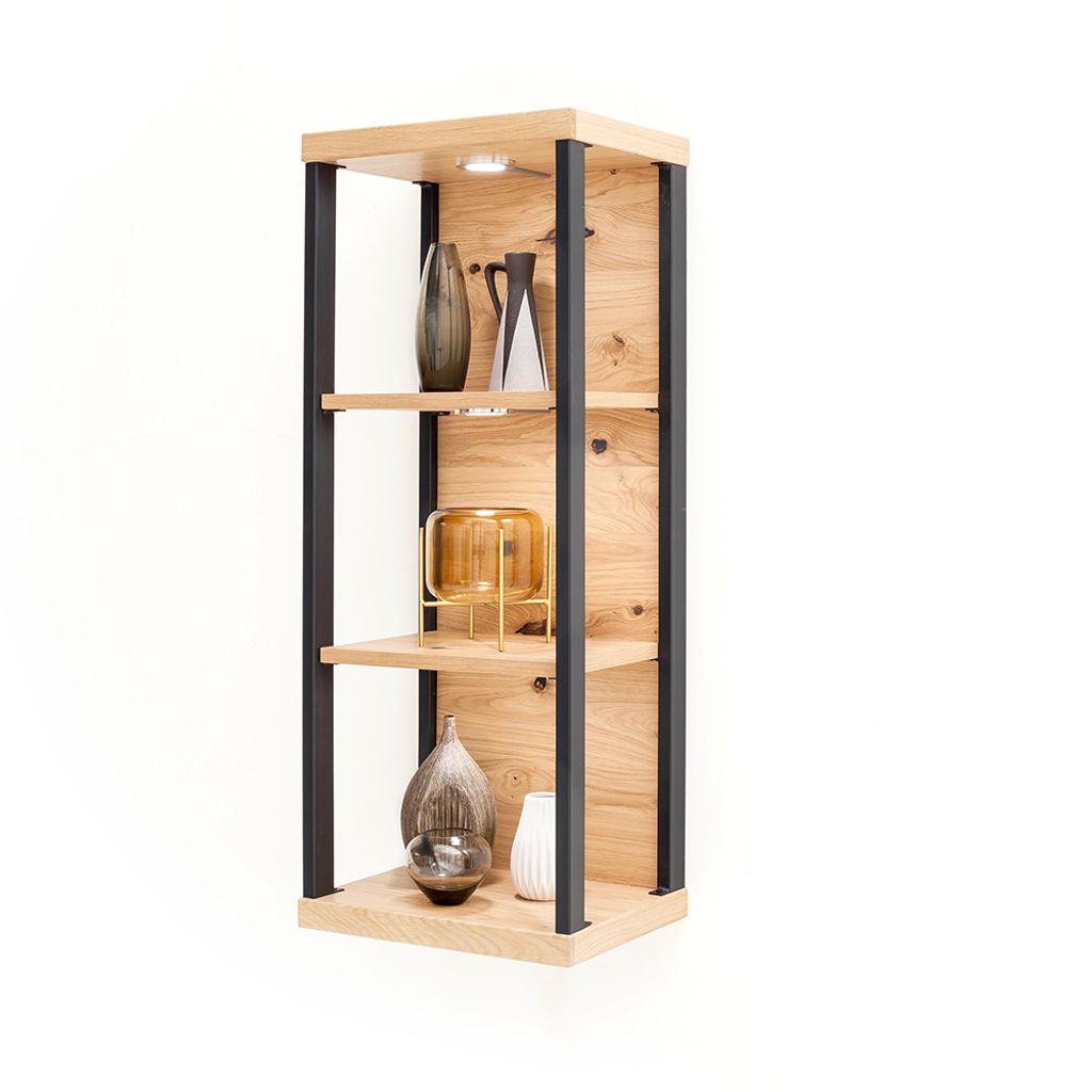 Wohn- / Esszimmer Hängeregal mit Beleuchtung in Eiche Bianco geölt SOMBOR-05, B/H/T ca. 40/101/30 cm