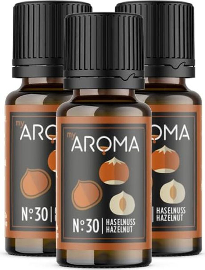 myAROMA Flavour Drops Haselnuss 3x10ml – Zuckerfrei, Kalorienfrei & Vegan, Natürliches Lebensmittelaroma für Backen, Kochen & Getränke, Nr. 30
