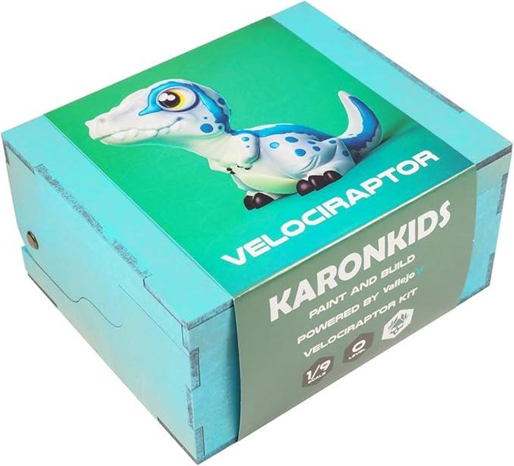 Vallejo Model Color Acrylfarben-Set Karonkids Velociraptor. Einsteiger-Kit mit 5 Farben in 18-ml-Flaschen, Miniatur, 2 Pinseln und Holzkiste für M...