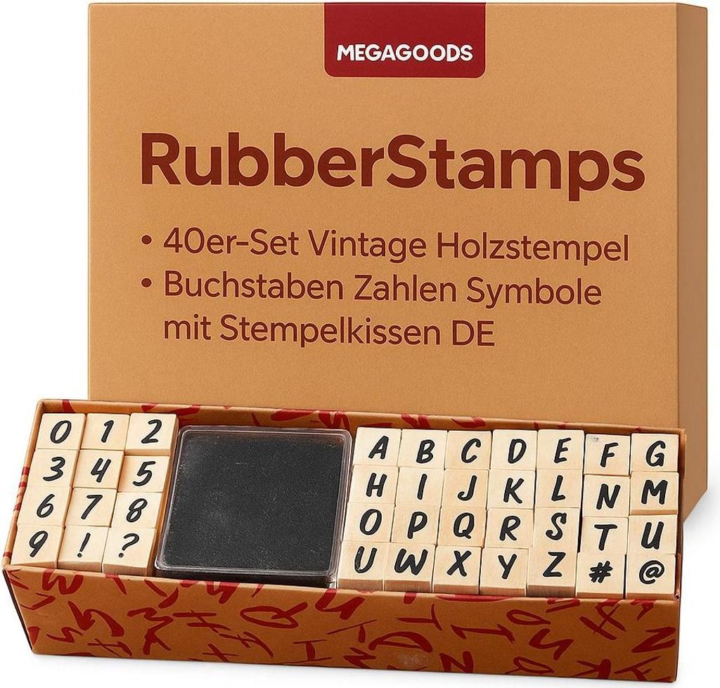 40er-Set Vintage Holzstempel Buchstaben Zahlen Symbole mit Stempelkissen DE.