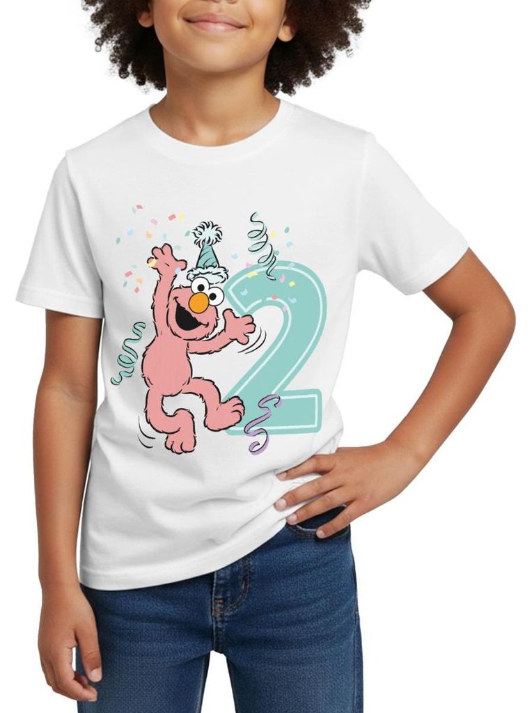 Spreadshirt Sesamstraße Geburtstagdesign Mit Elmo Zwei Jahre Kinder T-Shirt, 110/116 (5-6 Jahre), Weiß