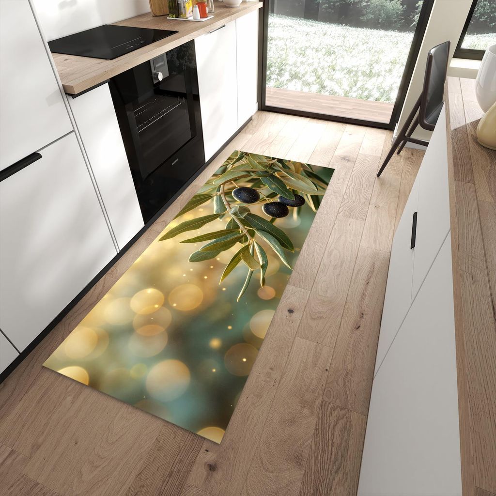 Küchenteppich 80x200cm rutschfest & abwischbar PVC Läufer - Olivenzweig