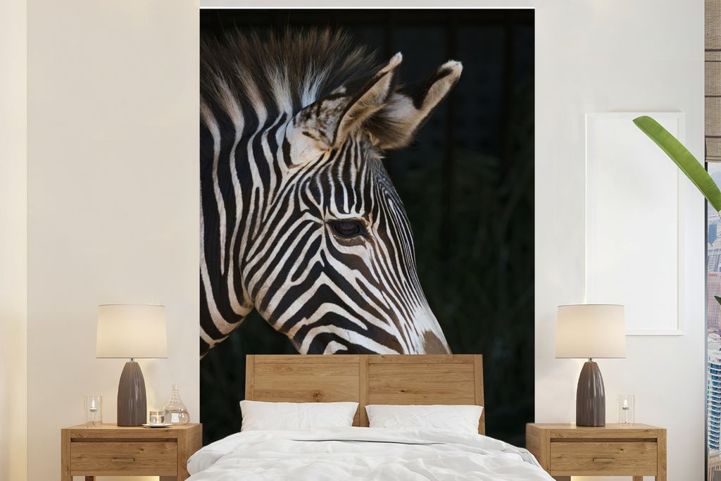 MuchoWow Fototapete für Wohnzimmer oder Schlafzimmer Wandtapete Vinyl Motivtapete Nahaufnahme eines Zebras auf schwarzem Hintergrund - 200x300 c...