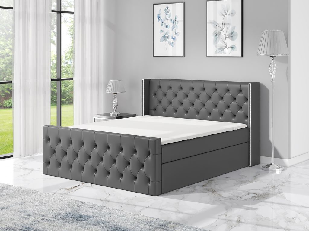 Boxspringbett GRO 180x200 mit 2 Bettkästen, Bonell-Matratze und Topper. Farbe: Dunkelgrau