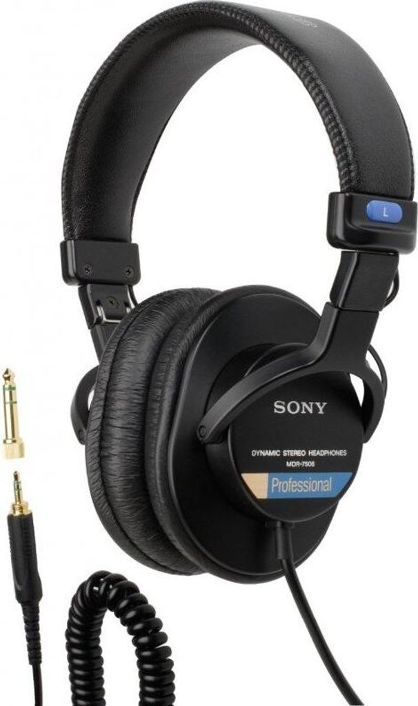 A pair of black Sony headphones with a coiled cable and adapter plugs.