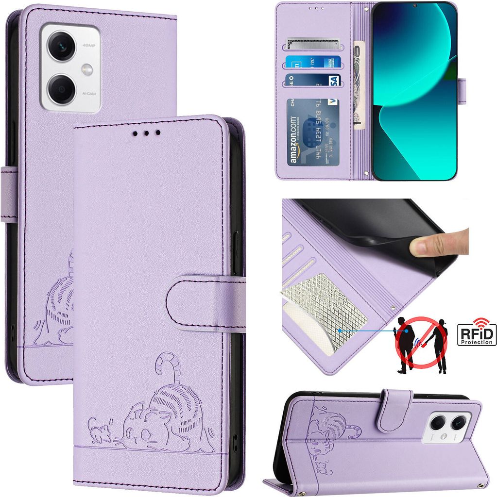 Leder Hülle für Xiaomi Poco X5/Redmi Note 12 5G Süße Katze Flip Case Brieftasche Schutzhülle mit Standfunktion Lila