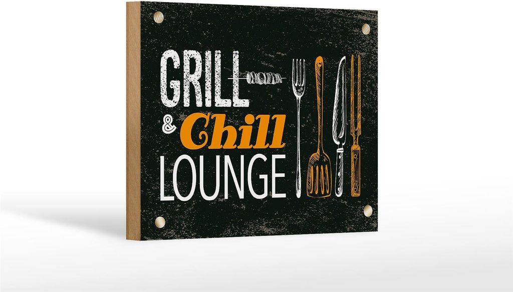 Holzschild Grill & Chill Fleisch Grillen, 18x12 cm, Holzschilder Spruch Fleisch Grillbesteck