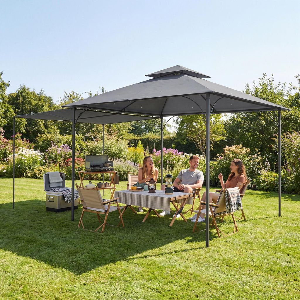 Pavillon 3,2x3,2 m ausziehbares Doppeldach, Gartenpavillon Metall pulverbeschichtet, Dunkelgrau | 320x320x275 cm | UPF30+ | Windwiderstand Stufe 4