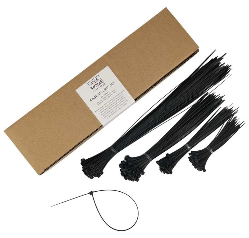 IDEA HOME 200 Stück Kabelbinder Schwarz 100/150/200/300mm, Kabelbinder set, UV Beständig, Hitzebeständig, Kunststoff Kabel Binder Set
