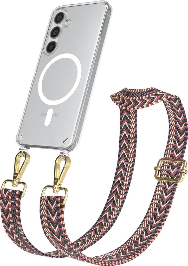 EAZY CASE - Handykette mit MagSafe Hülle für Samsung Galaxy S24, Handyband ZigZag Style,Karabiner Gold, Umhängeband in Dunkelrot