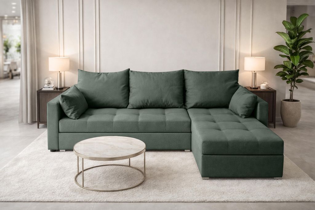 AX LIVING Ecksofa ELIF Grün mit Schlaffunktion L-Form, Sofa mit Bettkasten - Moderne Ecksofa, Wohnzimmer Ecksofa - Eckcouch Grün - Rechts