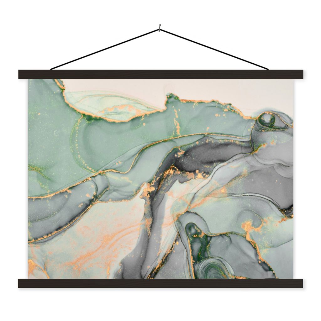 MuchoWow Textilposter Gold - Marmor - Grün - Luxus - Glitzer - Marmoroptik 150x113 cm mit holzfarbenen Rahmen - Poster