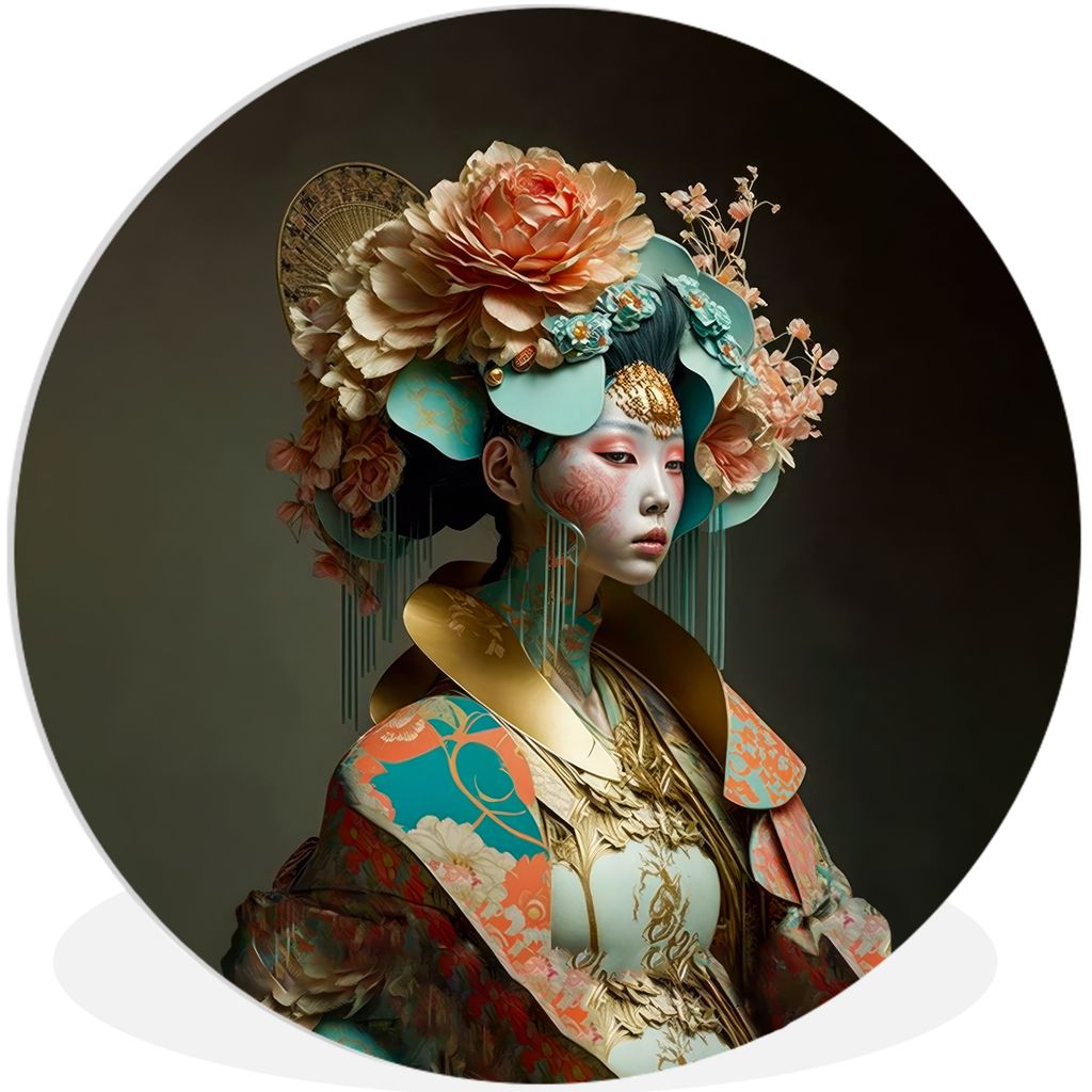MuchoWow Rundes Wandbild - Runde Bilder Frau - Blumen - Orange - Porträt - Asiatisch Ø 90 cm Kreis Wanddekoration Kunststoff - Wandkreis - Wand...