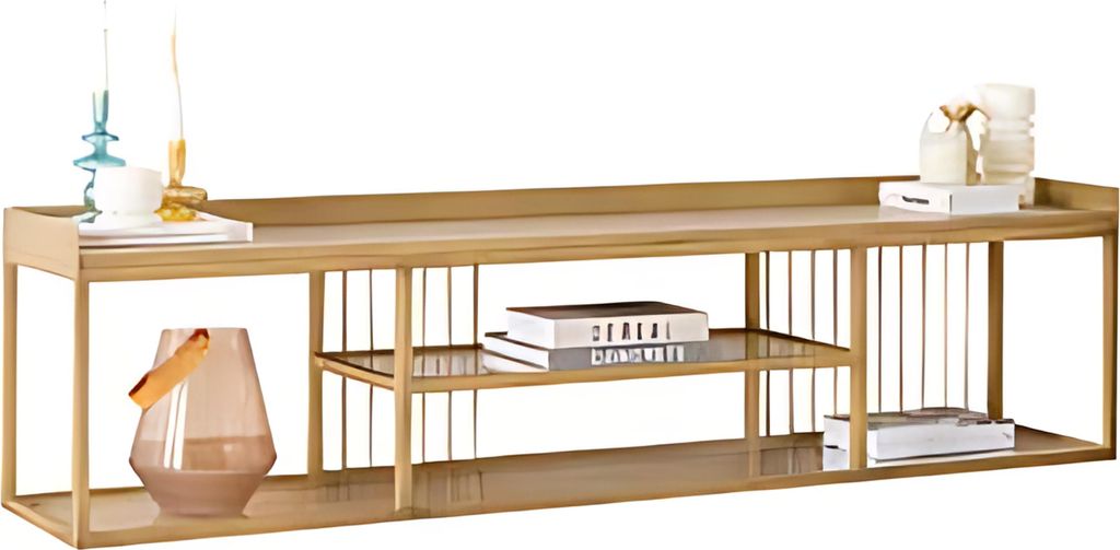 Elegantes TV-Lowboard Holz offenen Fächern und Metallrahmen