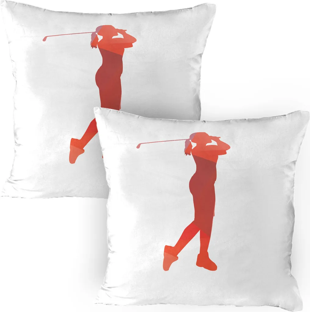ABAKUHAUS Federa per cuscino da golf, confezione da 2, silhouette di una golfista che colpisce la palla, grafica sportiva e salutare, federa decorativa stampata, 80x80 cm, corallo scuro e bianco