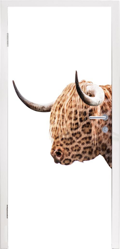 MuchoWow Türtapete Selbstklebende Türfolie Schottischer Highlander - Panther - Weiß 95x235 cm Türposter Türaufkleber Klebefolie Türklebefol...