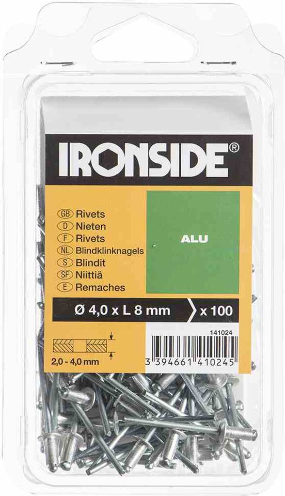 Ironside IR141024, Blindniete, Aluminium, Edelstahl, Edelstahl, 4,8 mm, 8 mm