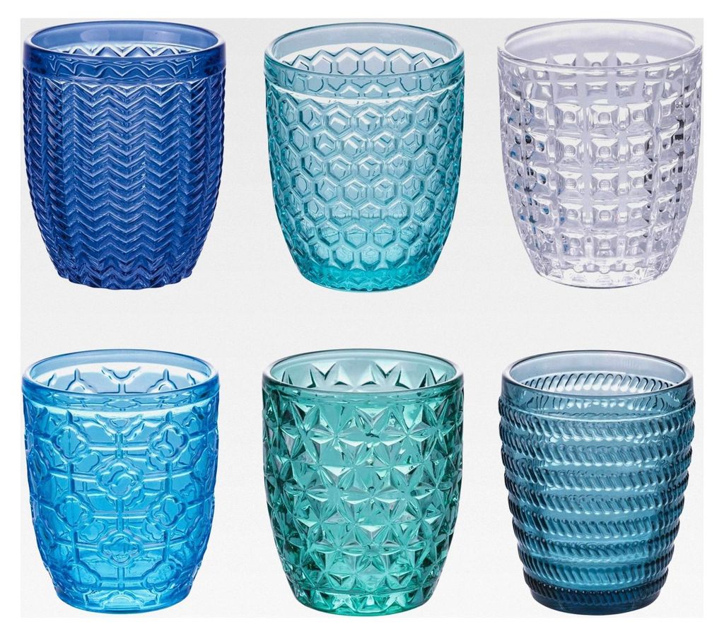 6-teiliges Set Wassergläser 320 ml aus transparentem farbigem Glas, bearbeitete Oberfläche, Geometrie Ocean