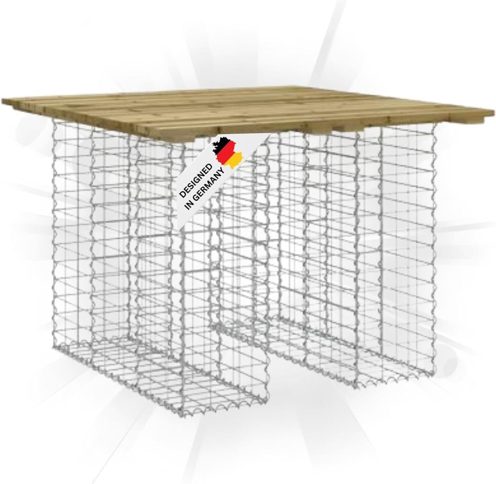 DELUKE Gartenbank Gabionen TELLE aus Stahl | 100x102x72cm Kiefernholz Braun, 25cm Gabionenbreite | Gabionenbank Gartentisch aus Gabionen Steinkor...