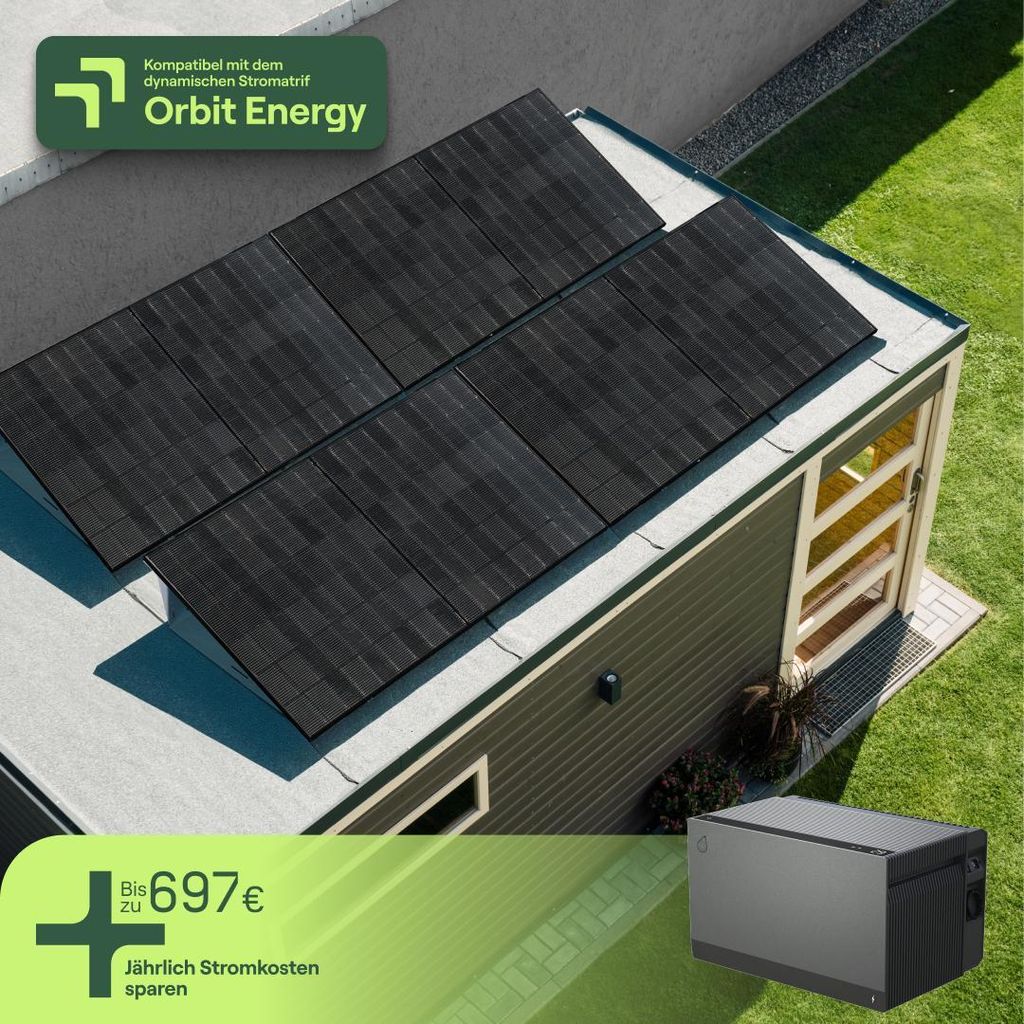 Balkonkraftwerk für Flachdach mit 4 Modulen & Speicher Avocado Orbit M (2,11 kWh) - 5m Anschlusskabel - priFlat Quattro