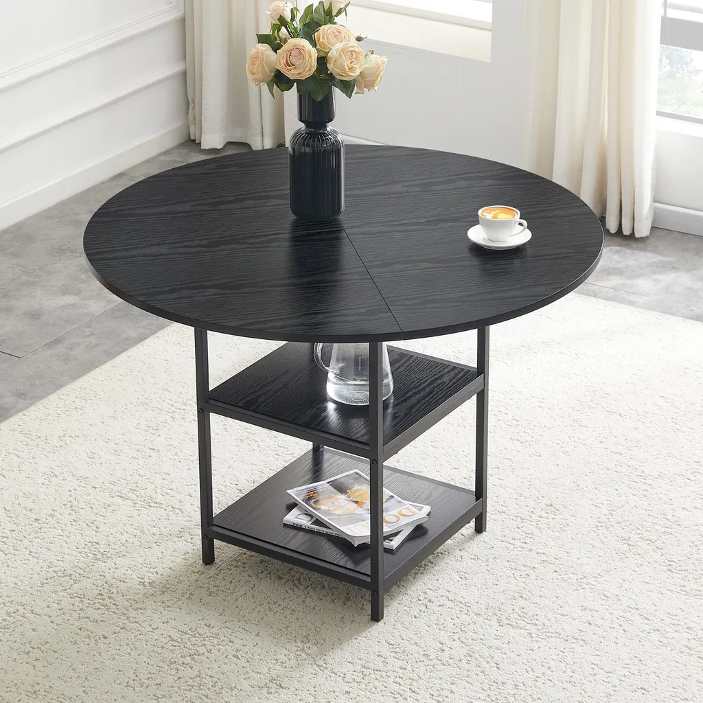 Table ronde noire 107 cm stable et anti-encombrement avec double plateau