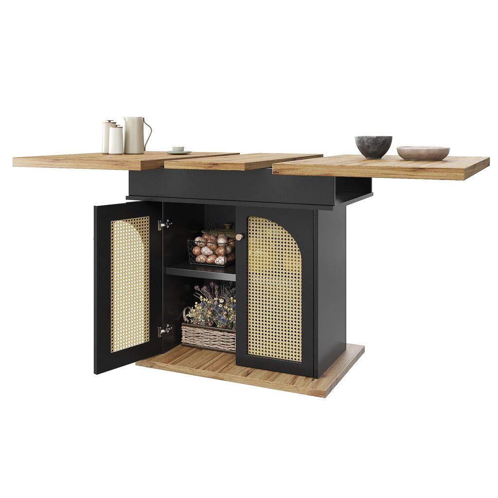 AIORBER Esstisch ausziehbar 110-140x80cm, klappbarer Küchentisch für 4-6 Personen mit Stauraum und PE Rattan-Schranktüren, Schwarz+Natur