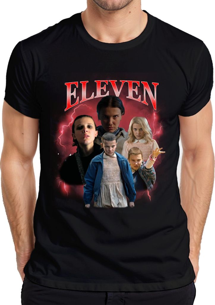 ELEVEN Elfie Stranger Serienfan Geschenk 80er Retro Hawkins 90s Bootleg Herren T-Shirt, Schwarz, L