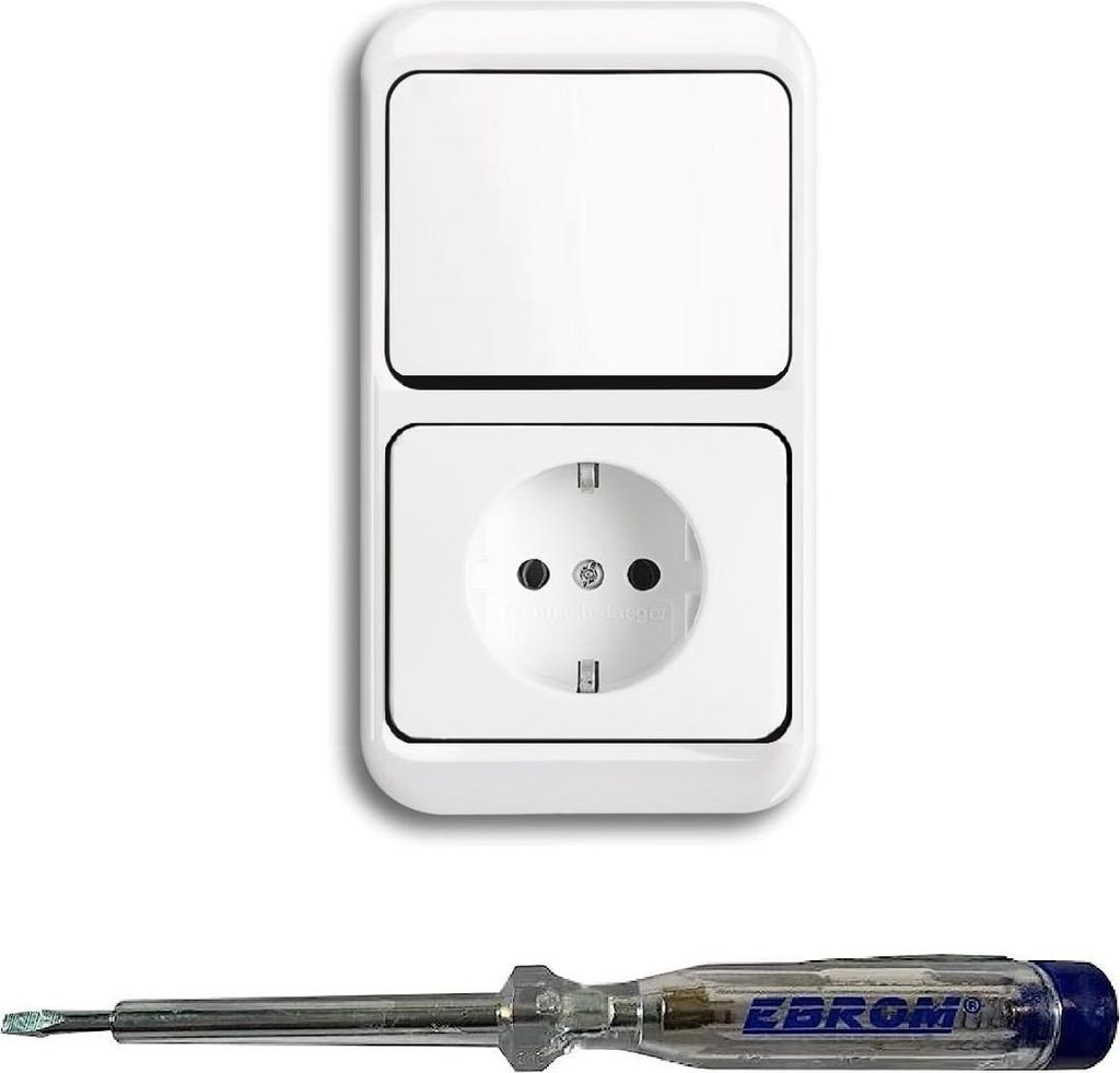 Busch Jäger Lichtschalter Wechselschalter AN/AUS 2000/6 US und Steckdose 20EUC-24G im 2-fach Rahmen in alpha studioweiß inklusive EBROM Phasenpr...