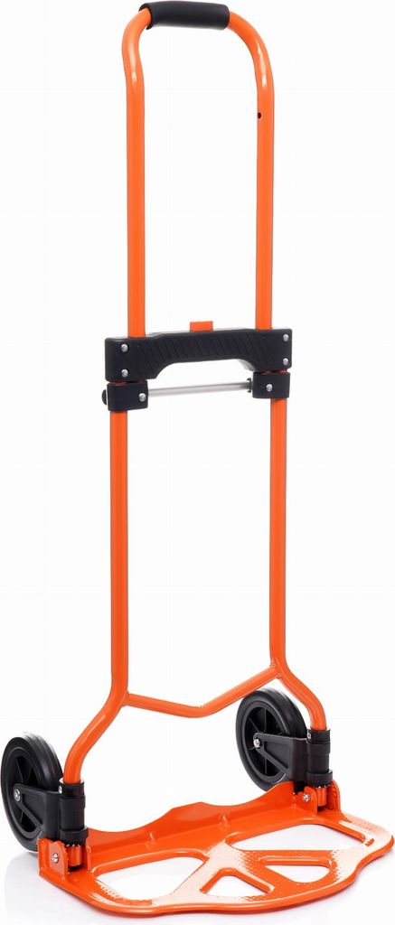 A product shot of an orange foldable hand truck.