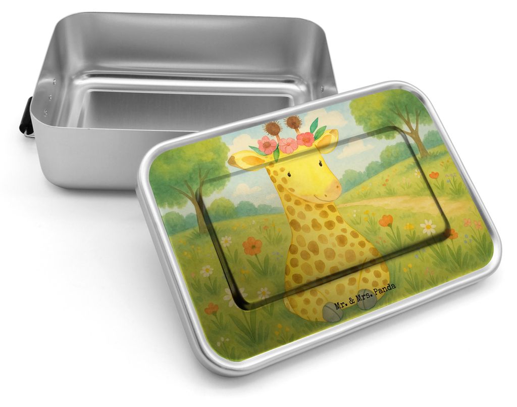 Mr. & Mrs. Panda Lunchdose Giraffe Blumenkranz Design - Weiß - Geschenk, Lunchbox, Butterbrotdose, Pausenbox, Metallbox, Selbstliebe, Snackbox, Af...