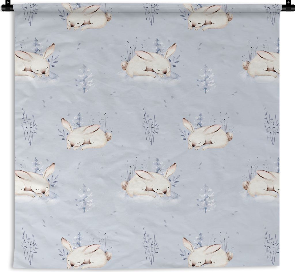 MuchoWow Wandteppich Wandbehang Winter - Muster - Kaninchen - Blau 150x150 cm Tapisserie Dekoration Wandtuch - Wohnaccessoires - Modernes