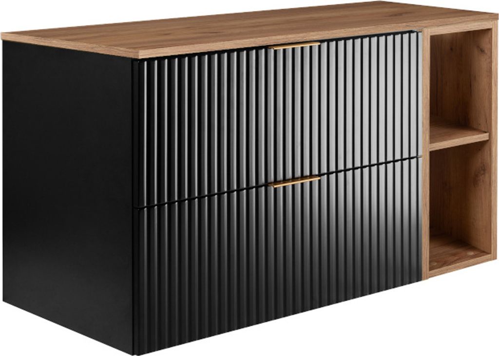 A modern black and wood cabinet with two drawers and open shelving on the right.