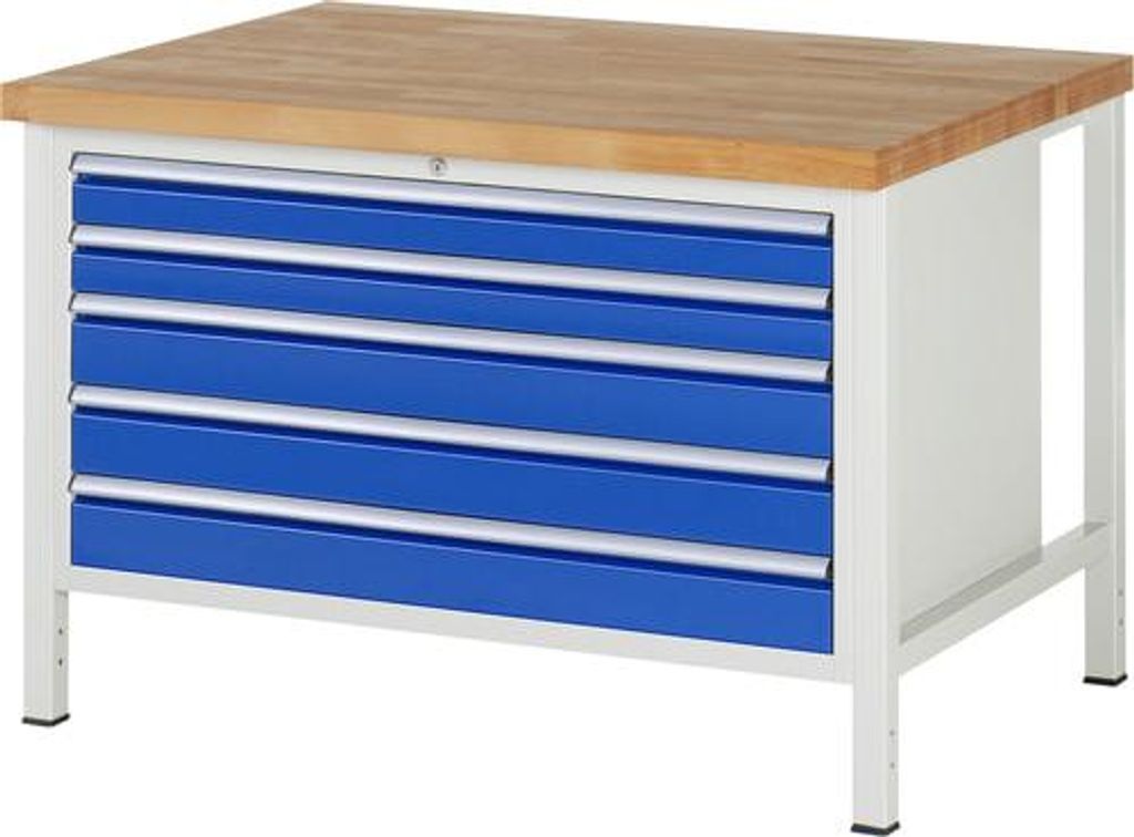 Werkbank mit 5 XXL Schubladen - Vollauszug - 90:2 / 120:3 - 840 x 1.250 x 900 mm (HxBxT) - Traglast 1.250 kg - Buche