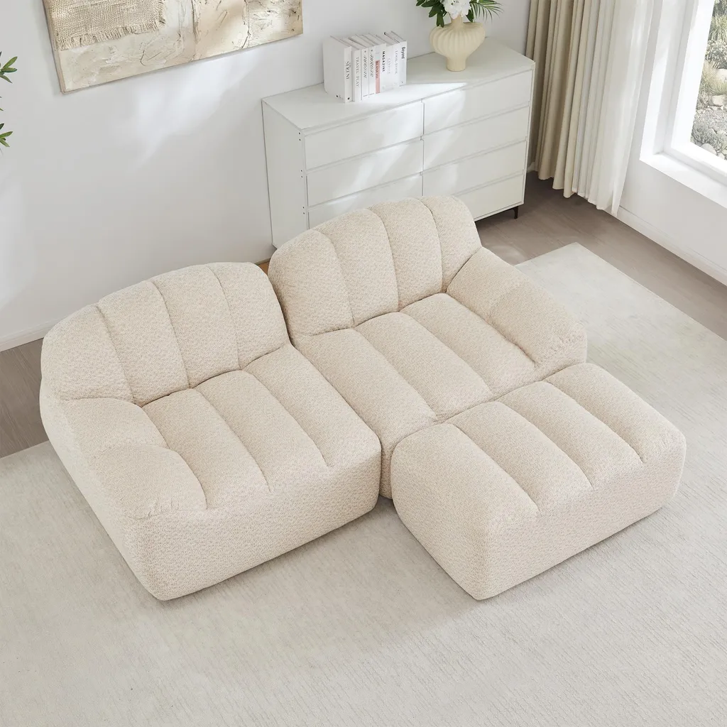 Canapé L Beige avec Pouf pour Petit Salon et Studio Design Coquille 2 places