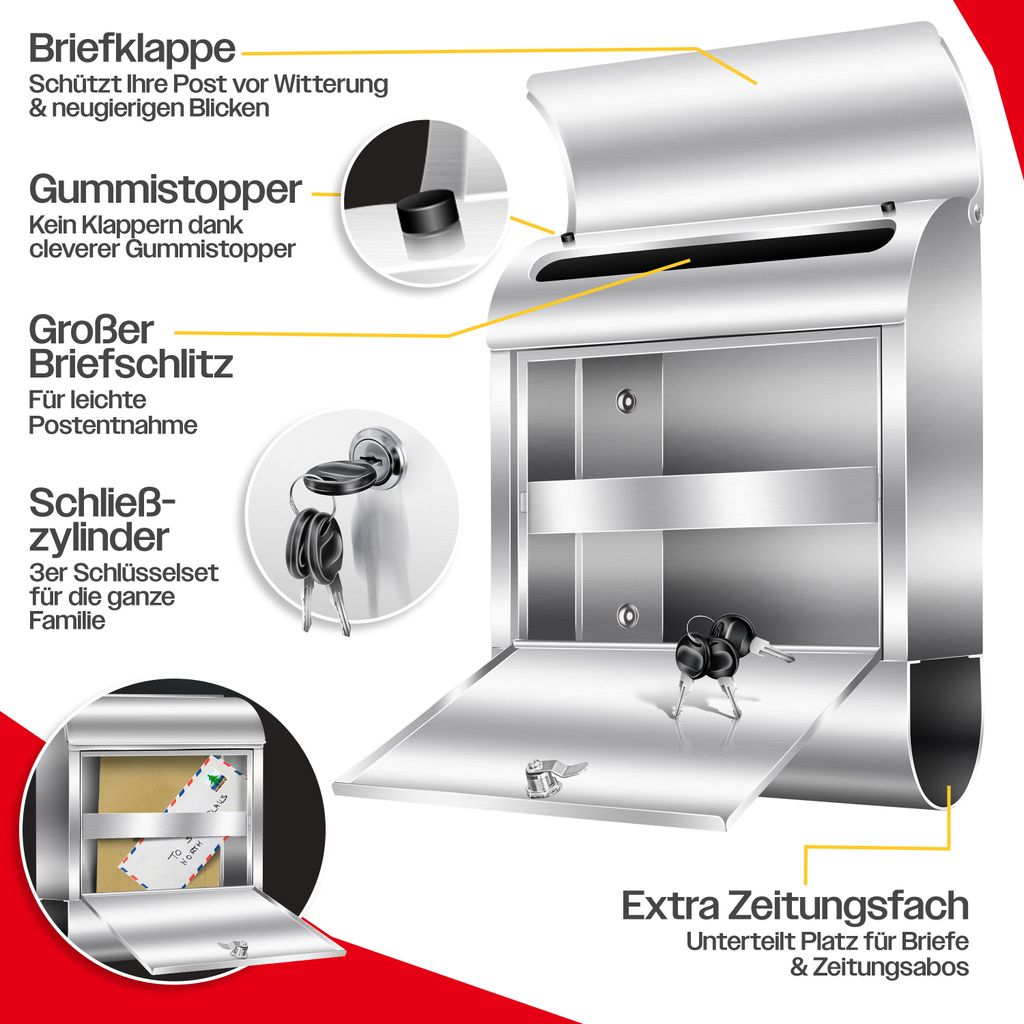 KESSER® XXL Briefkasten Edelstahl mit Zeitungsfach , Produktbild 3