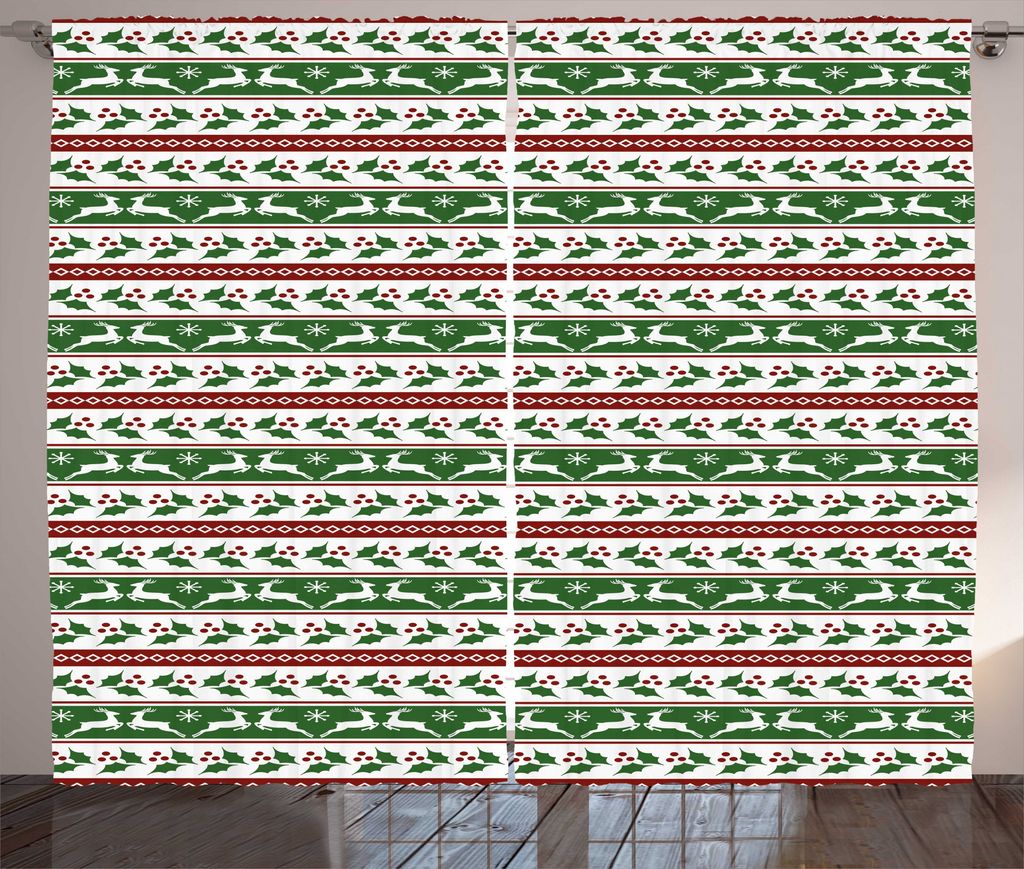 ABAKUHAUS Weihnachten Rustikaler Gardine, Rentiere Grenzen, Schlafzimmer Kräuselband Vorhang mit Schlaufen und Haken, 280 x 225 cm, Dunkelgrün Bo...